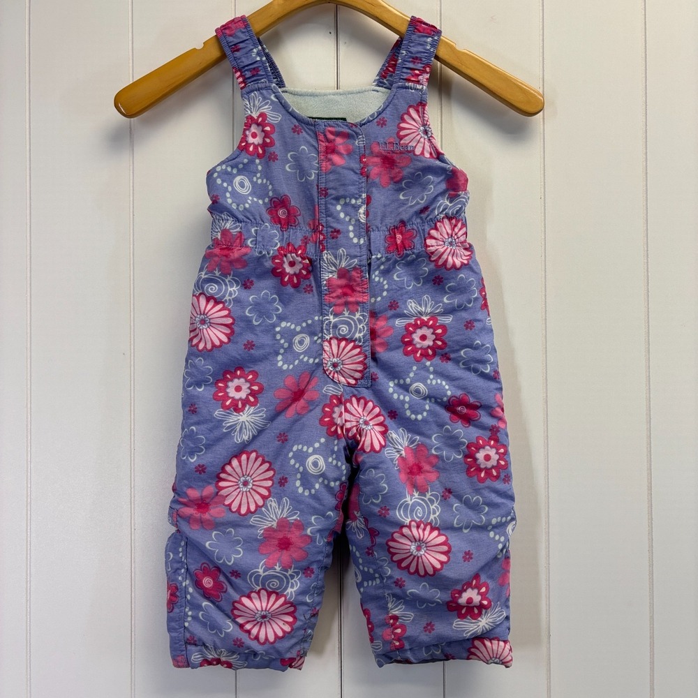 LL Bean Snow Bibs Infants 12-18M Purple Pink Floral Insulated Winter Overalls